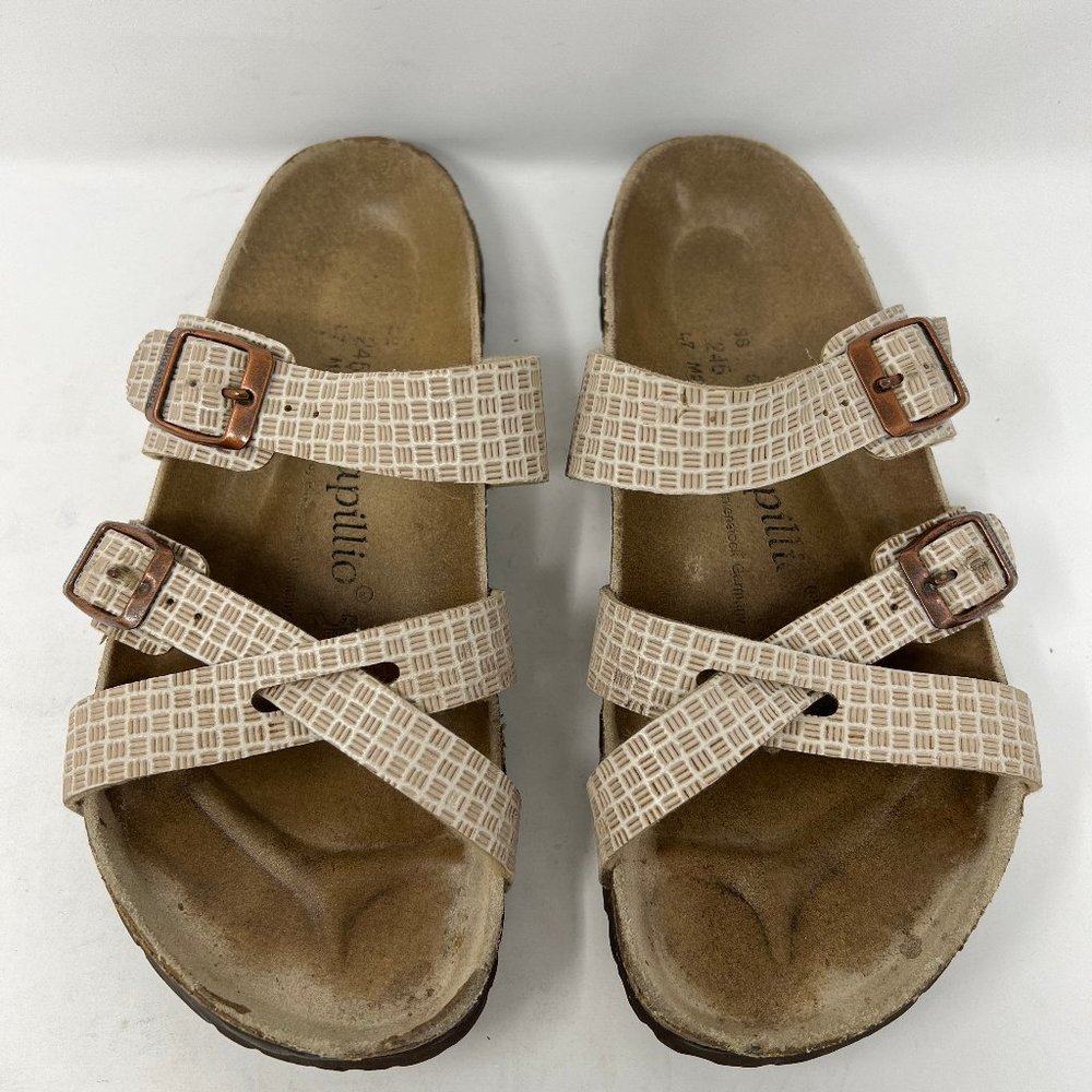 Birkenstock Papillo Womens Tan White Cross Strap Slip On Slide Sandal Size 38
